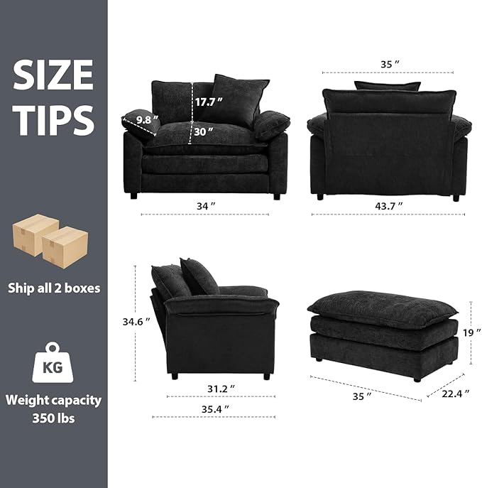 Modern Oversized Chair with Ottoman, Comfy Chenille Accent Chair Large Upholstered Armchair with Extra Thick and Deep Seat Lounge Chair for Living Room,Bedroom,Apartment,Black