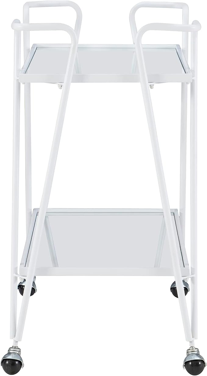 Linon Gina White Mid-Century Bar Cart with Mirrored Shelves and Locking Wheels