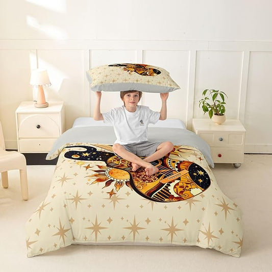 Erosebridal Boho Guitar Toddler Duvet Cover Retro Bohemia Aesthetic Room Decor Bedding Set Trendy Celestial Sun Star Comforter Cover,Vintage Guitar Music Bed Set