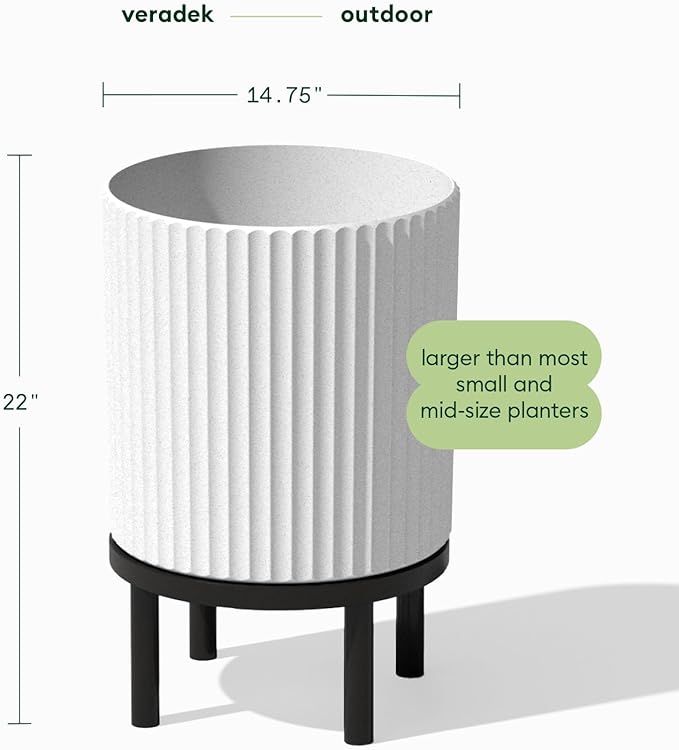 Veradek Demi Series Round Planter w/Stand for Porch/Patio | Durable Plastic-Stone Composite & Wooden Stand | Modern Décor for Tall Plants, Flowers