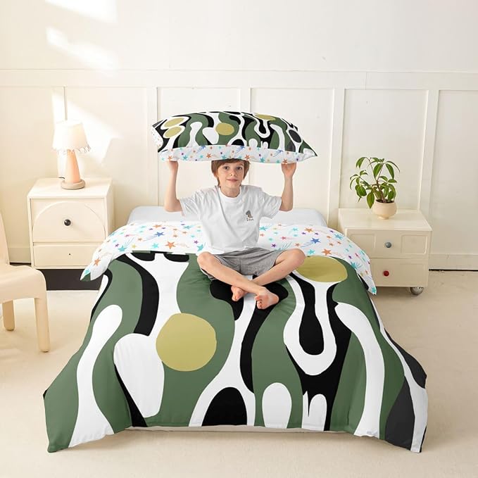 Erosebridal Organic Abstract Duvet Cover Set Modern Contemporary Girl Toddler Bedding Set for Tween Boys Girls Boho Mid Century Wavy Lines Comforter Cover Retro Geometric Bed Sets,Olive Green Khaki