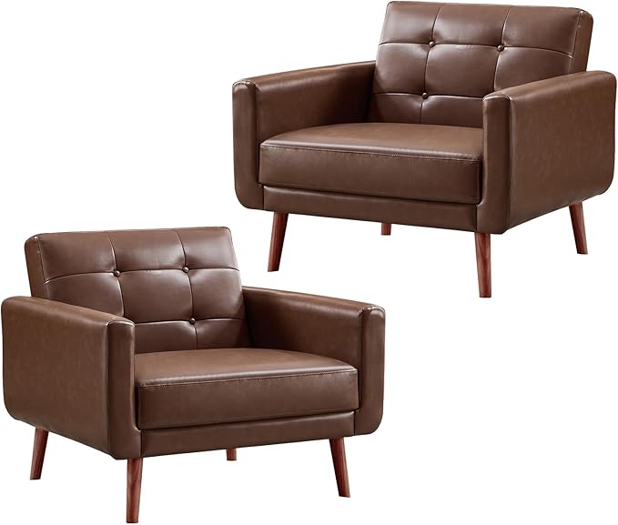 CANMOV 29" W Oversized Leather Accent Chair Set of 2, Mid Century Modern Accent Chairs, Armchair Button Back for Living Room, Modern Upholstered Bedroom Chair Cozy Armchair with Wood Legs, Brown