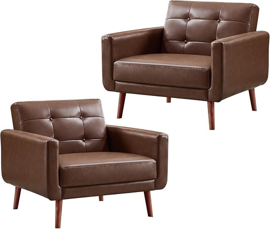 CANMOV 29" W Oversized Leather Accent Chair Set of 2, Mid Century Modern Accent Chairs, Armchair Button Back for Living Room, Modern Upholstered Bedroom Chair Cozy Armchair with Wood Legs, Brown