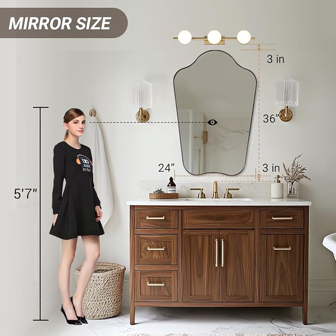 ANDY STAR Scalloped Bathroom Mirror, 24x36 Black Irregular Mirror with Curved Design, Wavy Wall Mirror for Vanity, Powder Room, Stainless Steel Frame, Anti-Rust