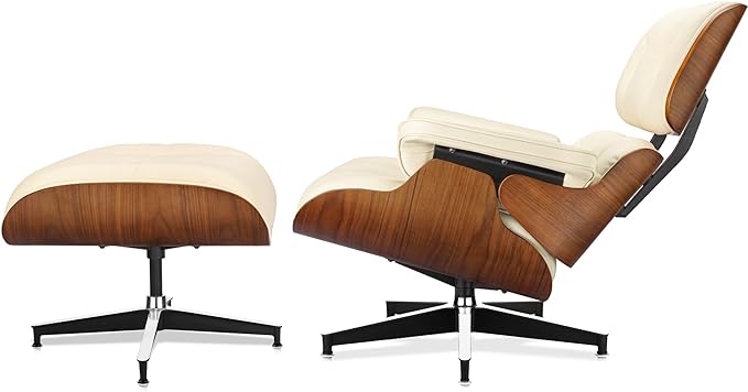Top Cream White Grain Leather, Mid Century Chaise Lounge Chair and Ottoman, Modern Chair Classic Design, Walnut Wood, Heavy Duty Base Support for Living Room Office