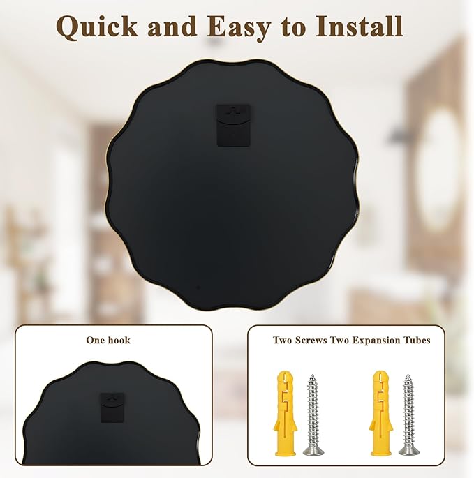 VooBang Gold Scalloped Circle Mirror, 24" Wavy Edge Round Wall Mirror with Tempered Glass Textured Circular Metal Deep Frame, Hanging Leaning for Bathroom, Hallway, Entryway, Livng Room