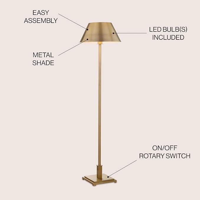 JONATHAN Y 60" Brushed Brass Gold Modern Metal LED Floor Lamp for Living Room Bedroom, Metal Shade, Transitional Standing Tall Lamp with LED Bulb, UL Listed (JYL6005B)