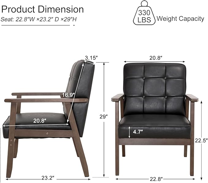 Okeysen Mid Century Modern Accent Chair, Retro Wood and Leather Armchairs Side Chair, Lounge Reading Comfy Arm Chair for Living Room, Bedroom, Office (Matte Black)