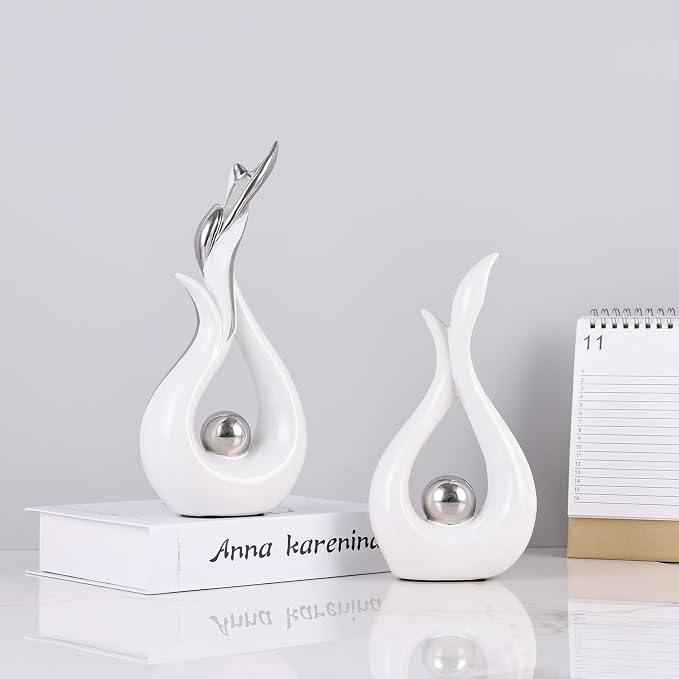 2PCS Abstract Flame Ceramic Sculpture Set – Modern Figurines for Living Room Table Centerpiece, Dining Table Decor, Bedroom Table Decor, Shelf Sculpture, Fireplace, and Home Decoration (White Silver)