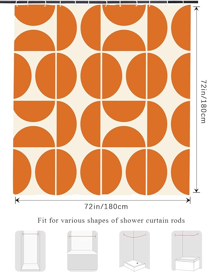 Orange Mid Century Modern Shower Curtain, Boho Abstract Geometric Retro Art Bath Curtains For Bathroom, Colorful Unique Pattern Waterproof Polyester Fabric Bathroom Accessories Set 12 Hooks 72X72IN