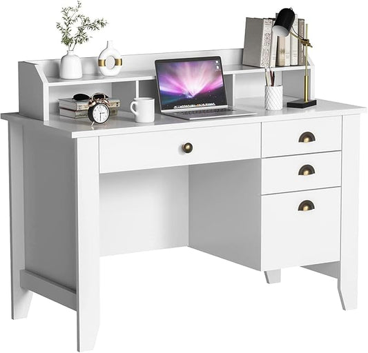 Catrimown Computer Desk with Drawers and Hutch White Desk with Drawer Wood Executive Desk Teens Student Desk Writing Laptop Home Office Desk for Small Spaces, Cream, 47.5''D x 22''W x 36.5''H