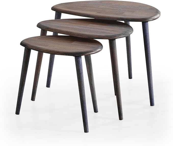 Solid Wood Nesting Coffee Table Set of 3 - Mid Century Modern Pebble Tables with Tapered Legs – Wooden Home Furniture in a Retro Style (Anthracite)