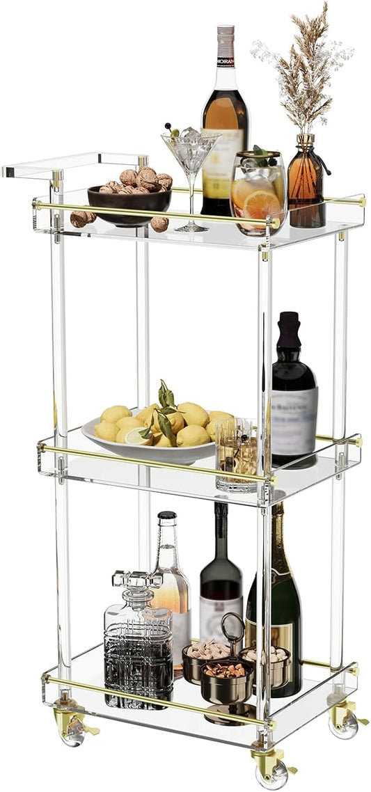 Eglaf Acrylic Bar cart - Small Bar Cart with Handle - 3 Tier Rolling Serving Cart with Gold Edge, Lockable Wheels - for Home Bar, Living Room, Kitchen, 15.2" L x 11.2" W x 34.2" H