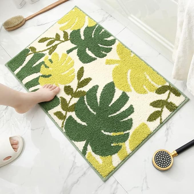 Hi Space Bathroom Rugs Mat 24x16IN Green Leaves Bath Mat for Bathroom Non Slip Machine Washable Soft Absorbent Cute Bath Rug Plush Bath Carpet for Tub Shower Sink Fluffy Entryway Doormat