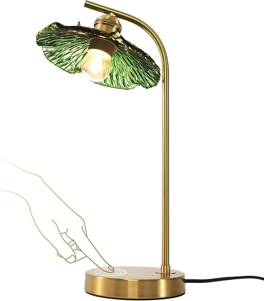Glass Table Lamp Mid Century Modern Table Lamp Vintage Table Lamps Gold Desk Lamp Touch Bedside Lamps with Green Flower Shade Small Nightstand Lamps for Bedroom Living Room Office