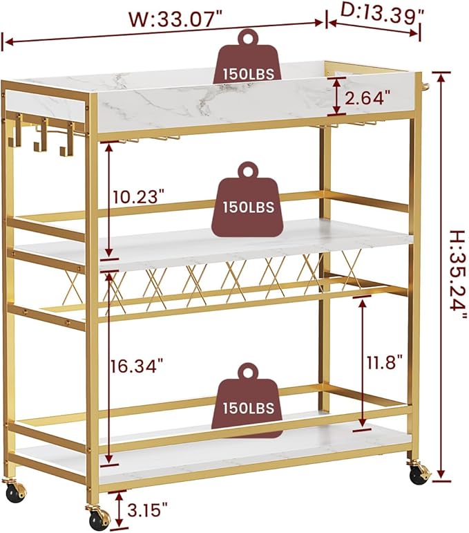 BON AUGURE Bar Cart for The Home, Rolling Home Bar Serving Cart on Wheels, 3 Tier Mobile Liquor Beverage Carts with Wine Rack and Glass Holder (Gold & Marbleized White)