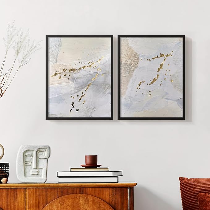 Renditions Gallery Set of 2 Peel & Stick Framed Prints, Modern Abstract Wall Art, Gold Sprinkle Oil Painting Wall Decor, Re-Stickable - Ready to Hang - 8"x10" - Black Frame LT588