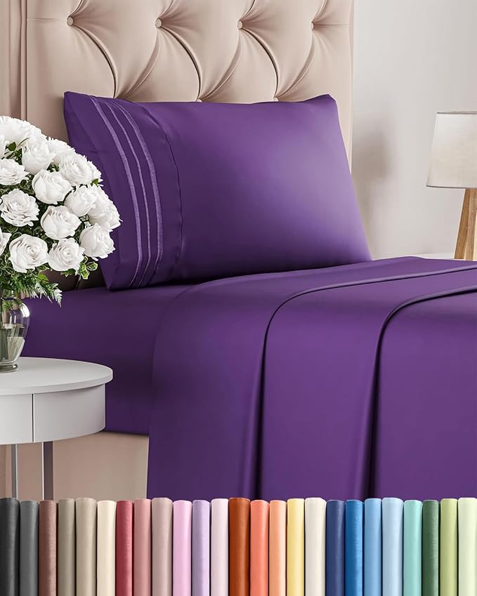 Twin Size 3 Piece Sheet Set - Comfy Breathable & Cooling Sheets - Hotel Luxury Bed Sheets for Women & Men - Deep Pockets, Easy-Fit, Extra Soft and Wrinkle Free Sheets - Purple Oeko-Tex Bed Sheet Set