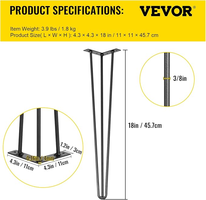 VEVOR Hairpin Table Legs 18" Black Set of 4 Desk Legs 880lbs Total Load Capacity Hairpin Desk Legs 3 Rods for Bench Desk Dining End Table Chairs Carbon Steel DIY Heavy Duty Furniture Legs