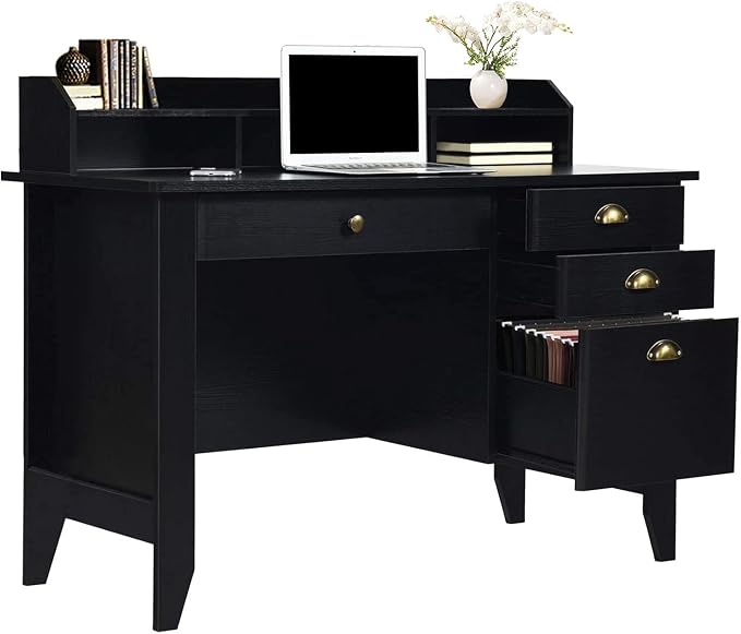 4EVERWINNER Computer Desk with 4 Drawers and Extra Storage Hutch, Wooden Grain Vintage Executive Desk Modern Style Work Office Desk for Bedrooms Laptop Study Writing Table for Small Spaces, Black