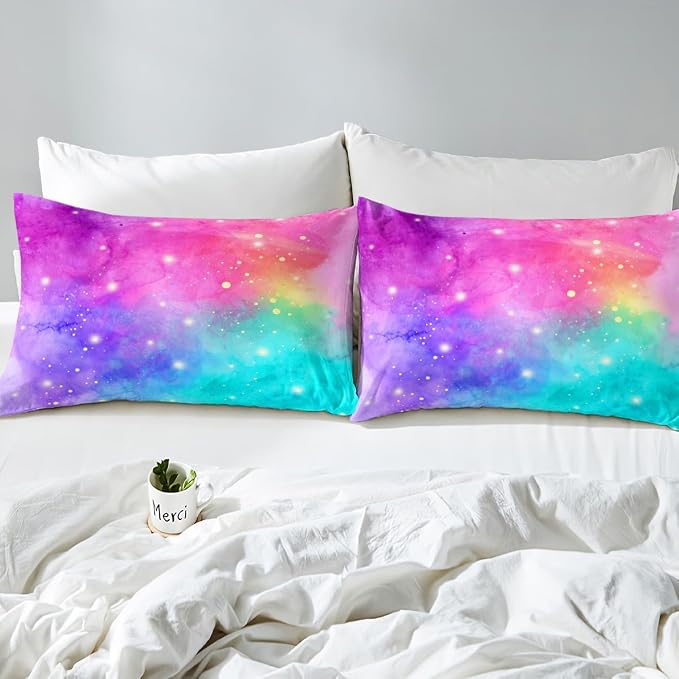 Erosebridal Rainbow Galaxy Bedding Sets King Pink Purple Blue Teal Comforter Cover, Psychedelic Stars Bed Set Colorful Tie Dye Duvet Cover, Grunge Ombre Gradient Quilt Cover Girly Room Decor 3pcs
