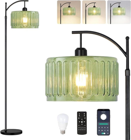 Black Floor Lamp for Living Room,Bedroom,Standing Lamp with Remote Dimmable Tall Lamp Vintage Retro Mid Century Modern Floor Lamps Arc Green Glass Lamp Floor Light Boho Bohemian