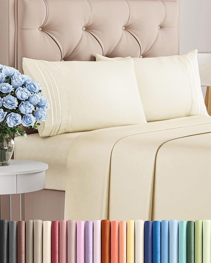Cal King Size 4 Piece Sheet Set - Comfy Breathable & Cooling Sheets - Hotel Luxury Bed Sheets for Women & Men - Deep Pockets, Easy-Fit, Soft & Wrinkle Free Sheets - Off White Oeko-Tex Bed Sheet Set