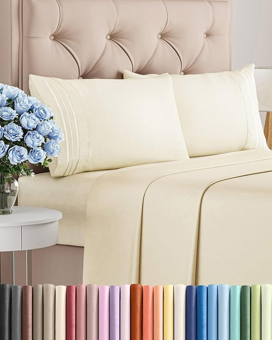 Cal King Size 4 Piece Sheet Set - Comfy Breathable & Cooling Sheets - Hotel Luxury Bed Sheets for Women & Men - Deep Pockets, Easy-Fit, Soft & Wrinkle Free Sheets - Off White Oeko-Tex Bed Sheet Set