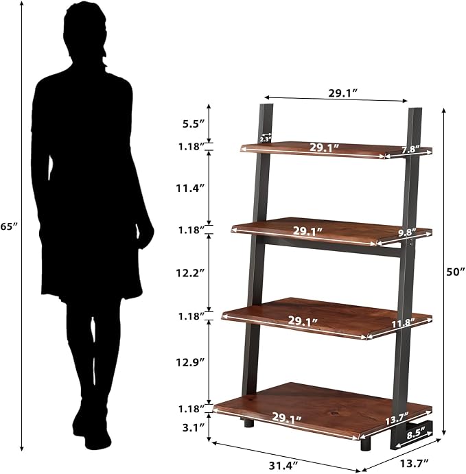 IBF 4-Tier Solid Wood Ladder Bookshelf with Natural Live Edge, Rustic Walnut Storage & Display Leaning Bookcase, Modern Space-Saving Shelf for Living Room, Bedroom, Home Office