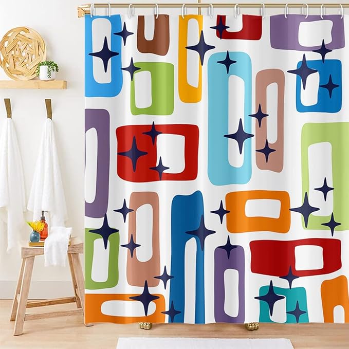 Modern Abstract Shower Curtain Colorful Geometric Rectangle Pattern Mid Century 1960's Old Fashioned Bathroom Decor Accessories Shower Curtain Set with 8 Hooks, 48x72 Inches