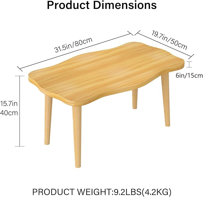 Cookie Coffee Table Low Table with 4 Solid Wood Sturdy Legs,Floor Table Desk for Sitting on The Floor,19.7"D x 31.5"W x 16"H Inches,Living Room/Toy room Furniture,Rental house Furniture (Natural)
