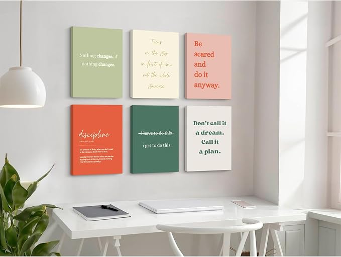 Office Wall Art Motivational Posters Inspirational Quote Canvas Wall Decor Office Positive Pictures Inspirational Classroom Art Motivational Work Prints for Gym Home 12x16 Inch Wrapped Canvas Set of 6