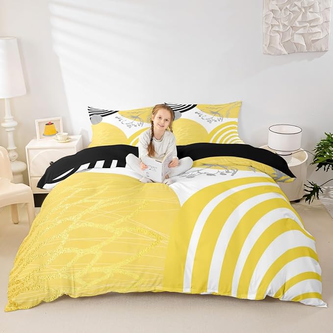 Erosebridal Boho Mid Century Queen Comforter Cover for Women Men Adults |Yellow and White Modern Duvet Cover Minimalist Geometric Bed Set Aesthetic Modern Abstract Bedding Set