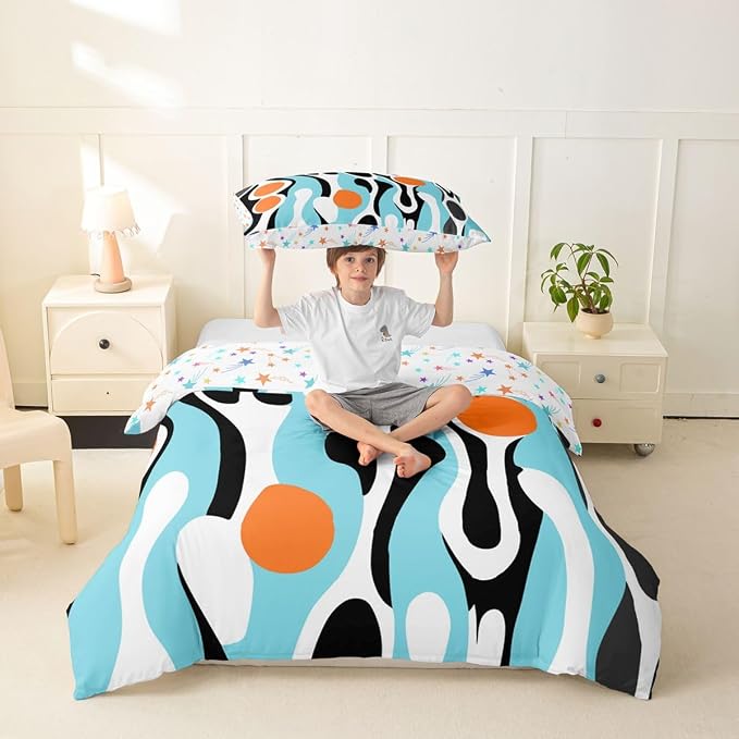 Erosebridal Organic Abstract Duvet Cover Set Modern Contemporary Girl Toddler Bedding Set for Little Boys Boho Mid Century Wavy Lines Comforter Cover Retro Geometric Bed Sets,Turquoise Orange