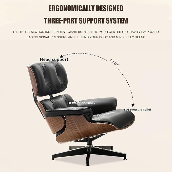 Mid Century Chaise Lounge Chair with Ottoman, Modern Retro Classic Design, PU Leather & Walnut Wood, Heavy Duty Metal Support, Comfortable for Living Room Bedroom Office（Black-Premium）