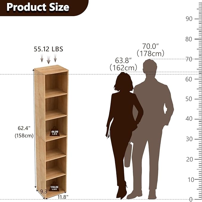 Wooden 6 Cube Storage Organizer, 6 Tier Storage Cubes Unit Display Cubby, Versatile Cubes Shelf and Cubby Organizer for Any Space (Oak, 6 Cube-W(11.8inch)