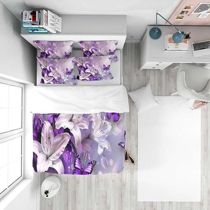 Purple Flowers Butterfly Duvet Cover Twin Size Graceful Purple Duvet Cover Set with Zipper Closure,Cute Floral Bedding Comforter Cover, 3 Pieces,Girls Duvet Cover 68"x88" and 2 Pillowcovers