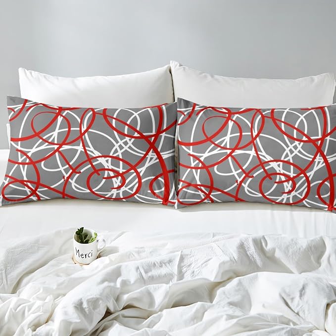 Feelyou Geometric Comforter Cover Stripe Line Bedding Set Red Grey White Duvet Cover for Kids Boys Girls Modern Retro Swirl Microfiber Bedspread Cover Luxury Queen Size (No Comforter)