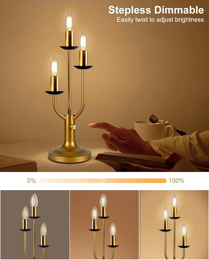 3-Light Dimmable Candelabra Table Lamp with LED Bulbs Included, Vintage Industrial Gold Metal Desk Lamp, Retro Candle Nightstand Light for Bedroom, Living Room, Office, Cafe Decor