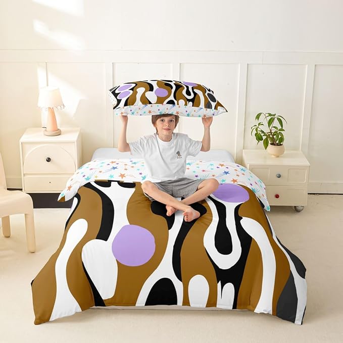 Erosebridal Organic Abstract Duvet Cover Set Modern Contemporary Twin Bedding Sets for Girls Kids Boys Boho Mid Century Wavy Lines Comforter Cover Retro Geometric Bed Set,Brown Lavender