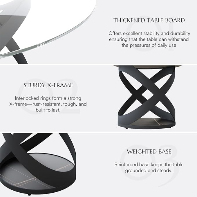 POVISON 51" Modern Round Dining Table with Lazy Susan, Glass Round Kitchen Table for 4, Tempered Glass Dining Room Table top with Black X Carbon Steel Base (Dining Table Only)