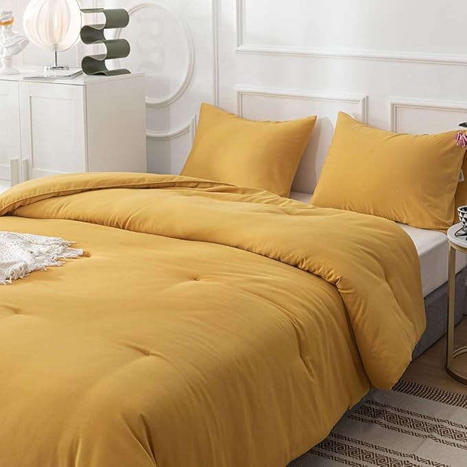 Pureant Mustard Yellow Comforter Set Full Dark Yellow Bedding Comforter Sets Yellow Full Comforter for Women Girls Soft Turmetric Yellow Full Size Comforter Sets Solid Ginger Yellow Blanket Durable