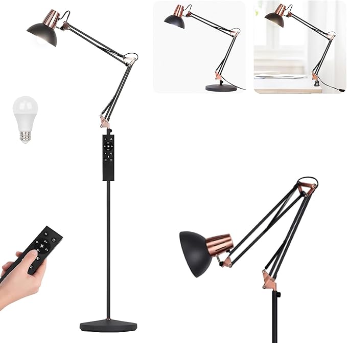 FIRVRE LED Floor Lamp with Remote Control, Dimmable Industrial Floor Light, 3 Usage Modes - Floors Lamp, Table Lamp and Clip Lamp,Pole Lamp for Living Room, Bedroom, Office (LED Bulb Included)