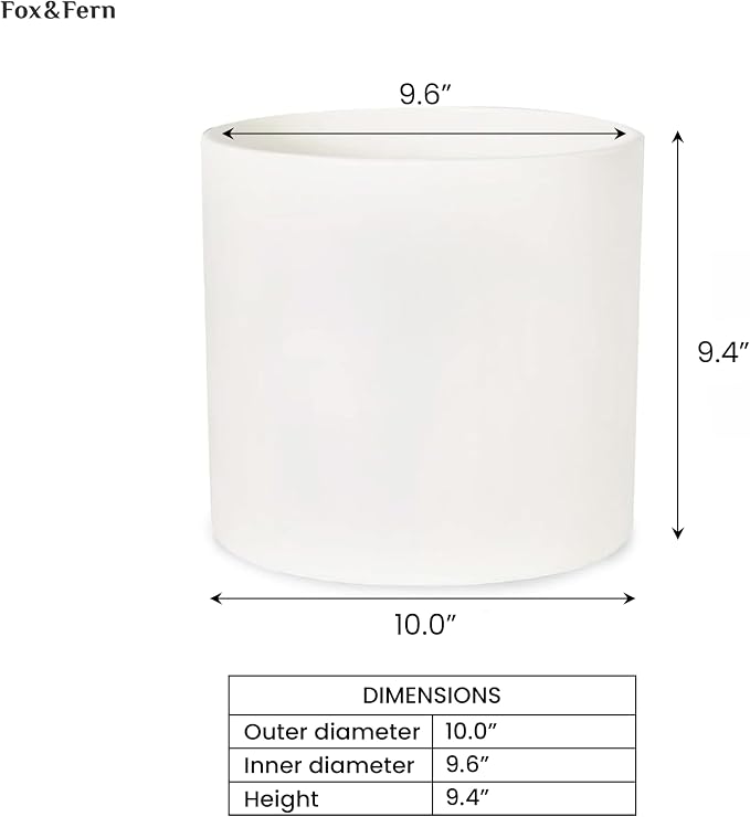 Fox & Fern Large Indoor Planter, Modern Large Plant Pot for Indoor or Outdoor, UV and Frost Resistant - 10 Inch, Polystone, Matte White Flower Pot with Drainage Plug