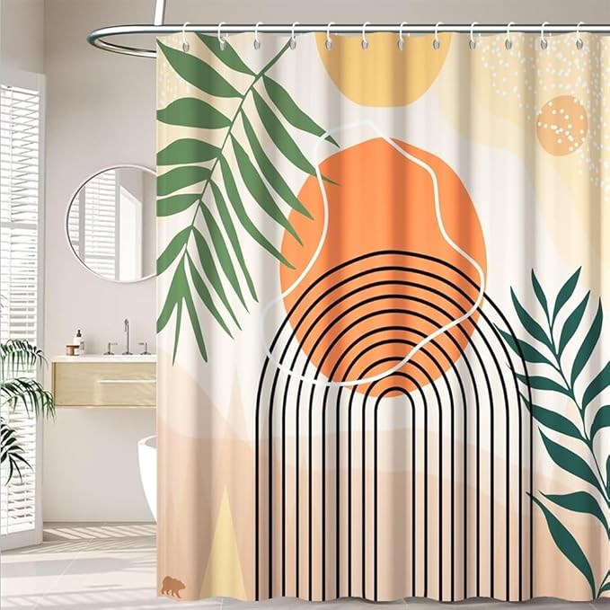 Modern Boho Shower Curtain for Bathroom Abstract Minimalist Bathroom Decor Set Green Leaves Arch Stripes Orange Sun Bathtub Curtains Machine Washable Waterproof Polyester Fabric with Hooks 65x72 Inch