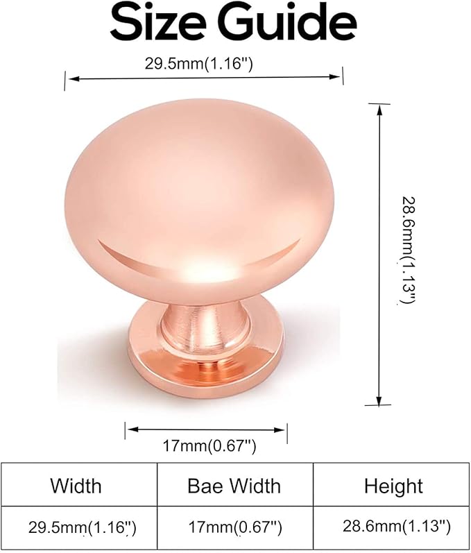 12 Pack Polished Rose Gold Cabinet Knob Solid Kitchen Drawer Hardware,Copper Drawer Dresser Knob Euro Style Round Furniture Hardware,Diameter:1-1/5 "