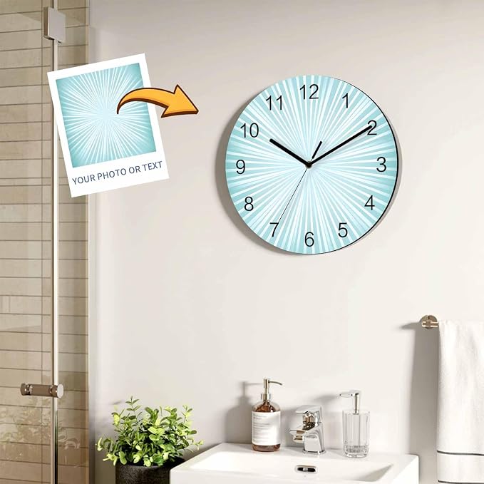 Abstract Wall Clock Battery Operated Non-Ticking 12" Round Wood Clocks, Sunburst Rays Light Blue Kitchen Wall Clock for School Bathroom Living Room Home Office Wall Decor