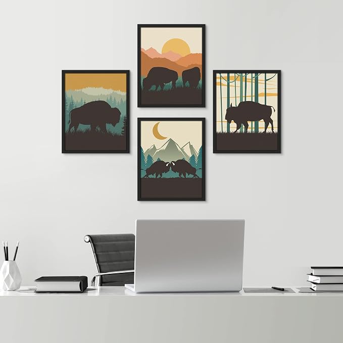 SIGNWIN Framed Country Farmhouse Vibrant Bison Wall Art, Set of 4 Silhouette Animals Wall Decor Prints, Wilderness Nature Wall Décor for Living Room, Bedroom - 11"x14" Black
