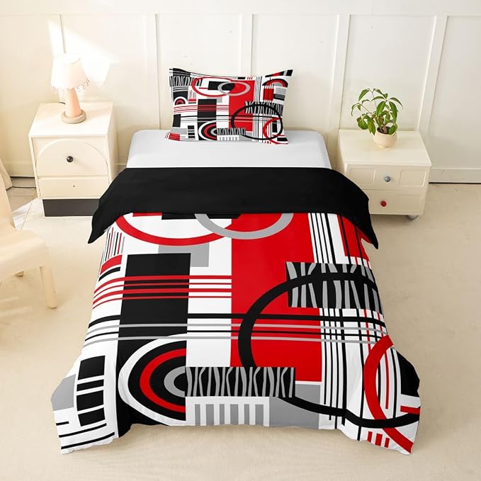 Erosebridal Art Deco Mid Century Duvet Cover Set Retro Modern Abstract Geometric Twin Bedding Sets for Girls Preteen Boys Black and White Red Circles Stripes Comforter Cover Contemporary Bed Set