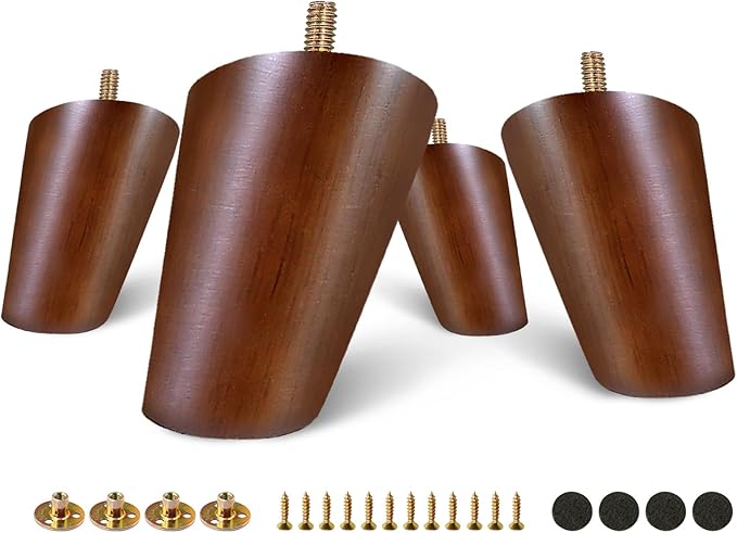 FoDau770 Brown Rubber Wood Furniture Legs 3 Inches, Slant Tapered Wood Feet Mid Century Sofa Legs Set of 4, 5/16" UNC Furniture Feet Replacement Parts for Cabinet Couch Dresser Chair Ottoman Table